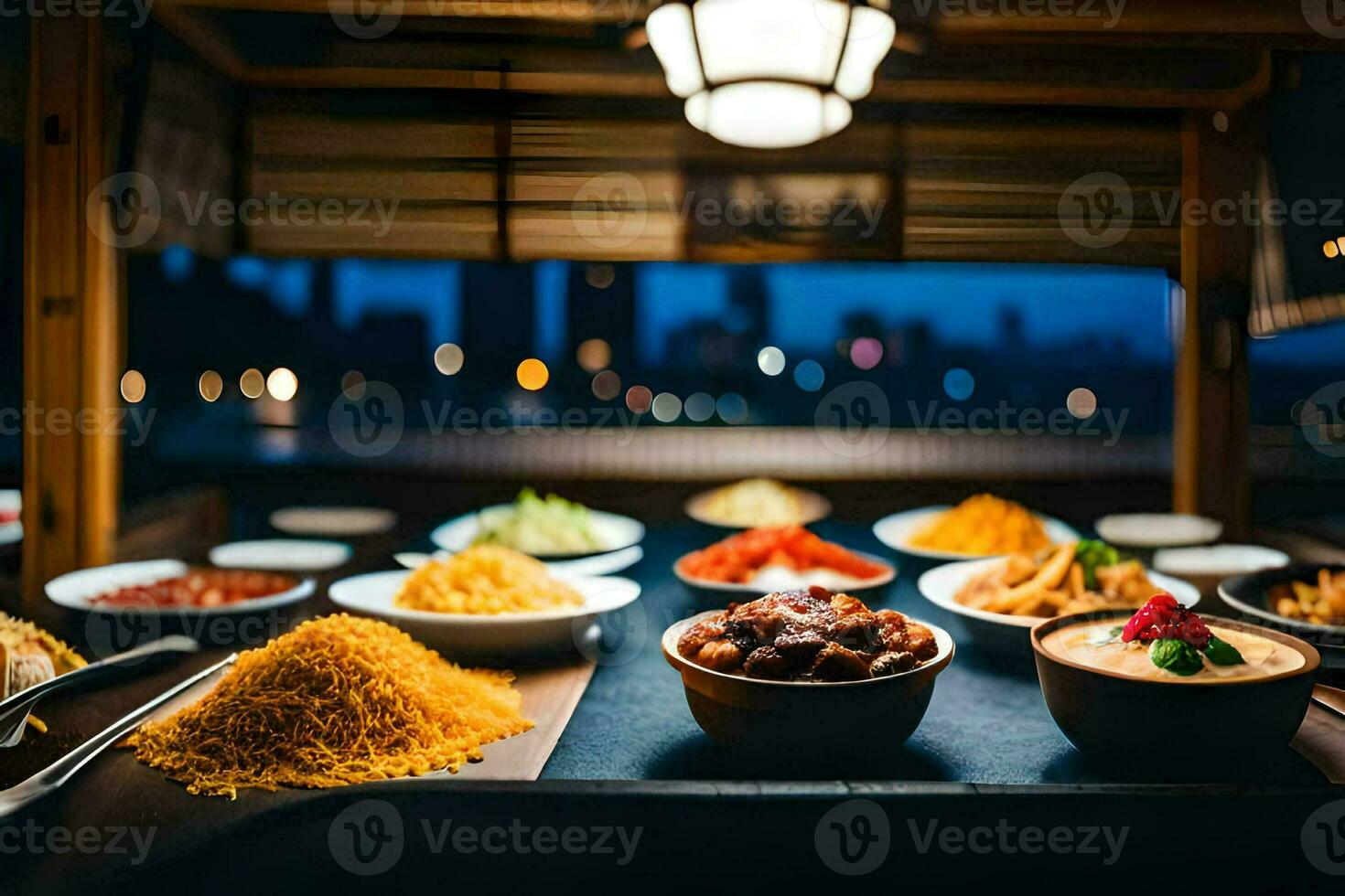 a table filled with bowls of food and a view of the city. AI-Generated photo