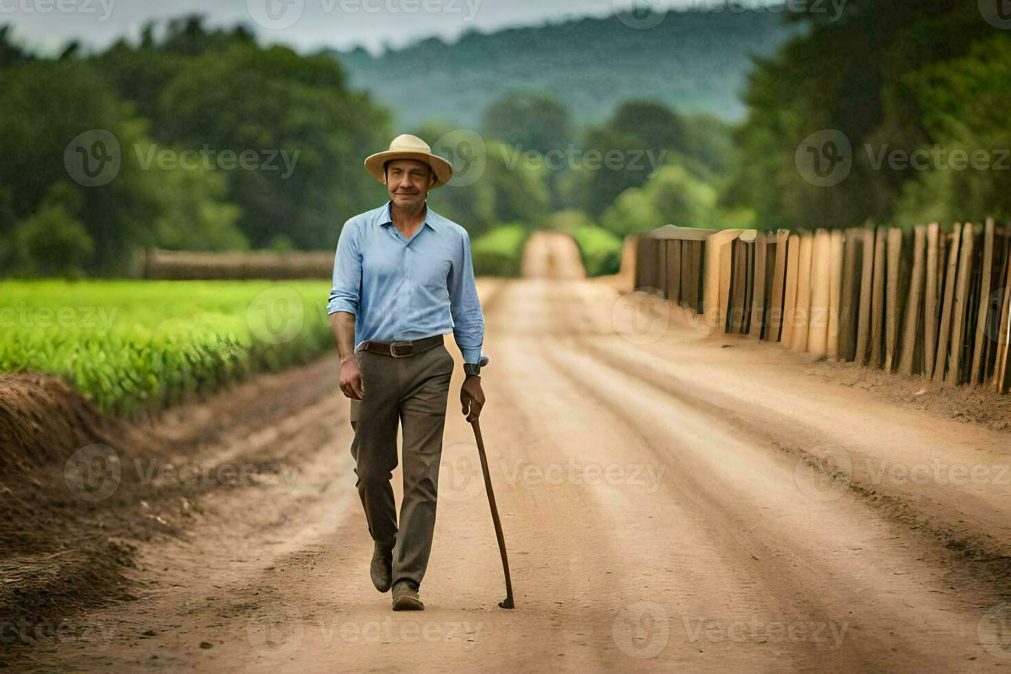 a man walking down a dirt road with a cane. AI-Generated photo