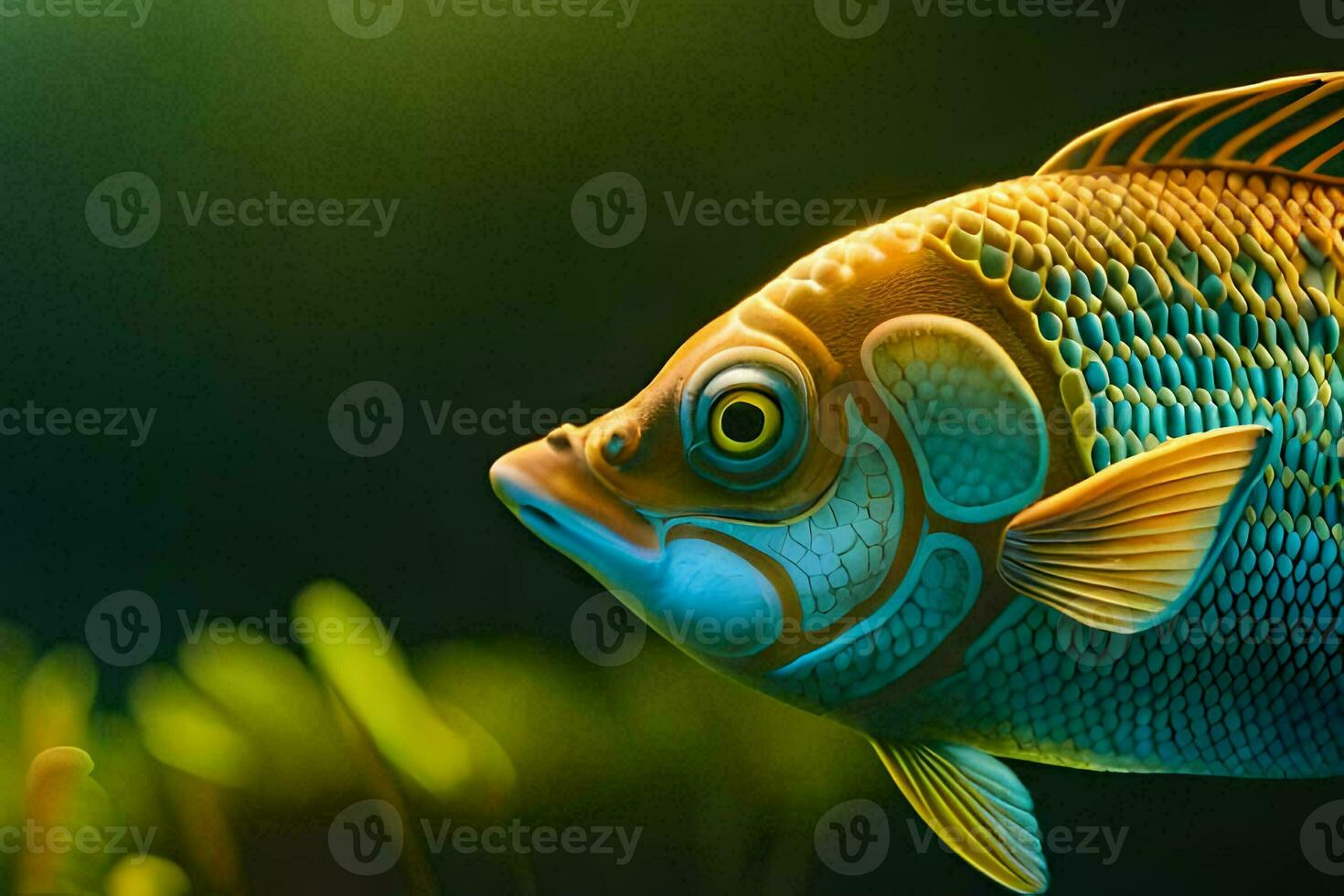 a fish with a bright blue and yellow body. AI-Generated photo