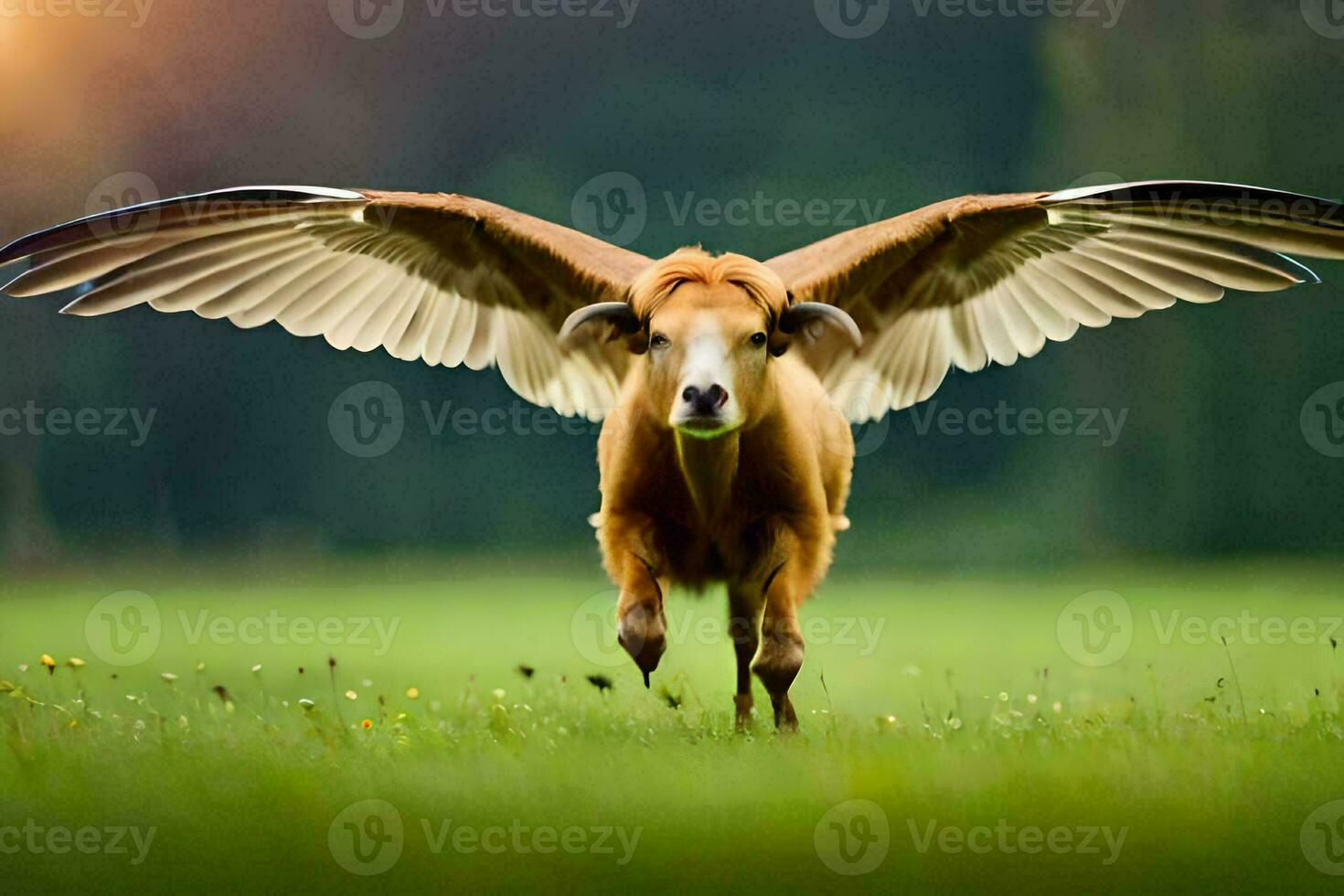 a brown cow with wings spread out in the grass. AI-Generated photo