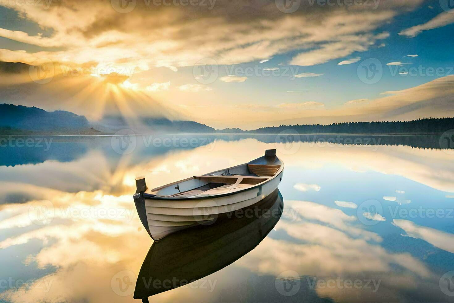 a boat on a lake with the sun shining. AI-Generated photo