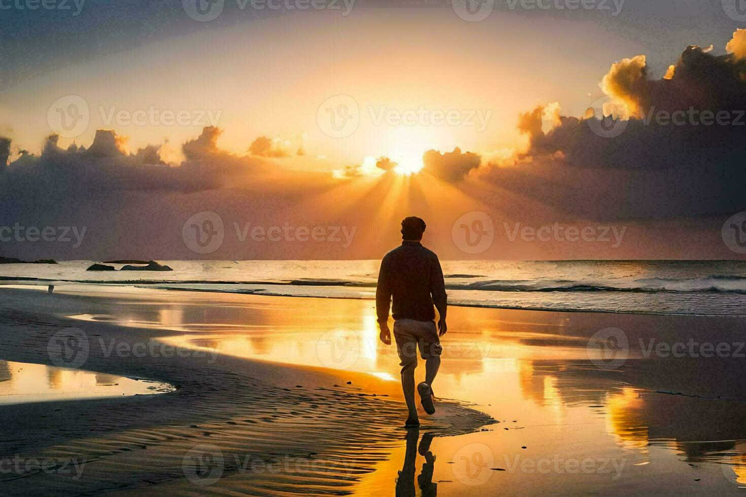 a man walking on the beach at sunset. AI-Generated photo