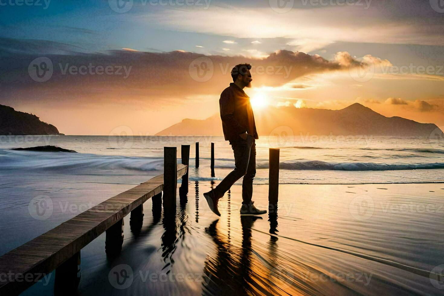 a man walking on a pier at sunset. AI-Generated photo