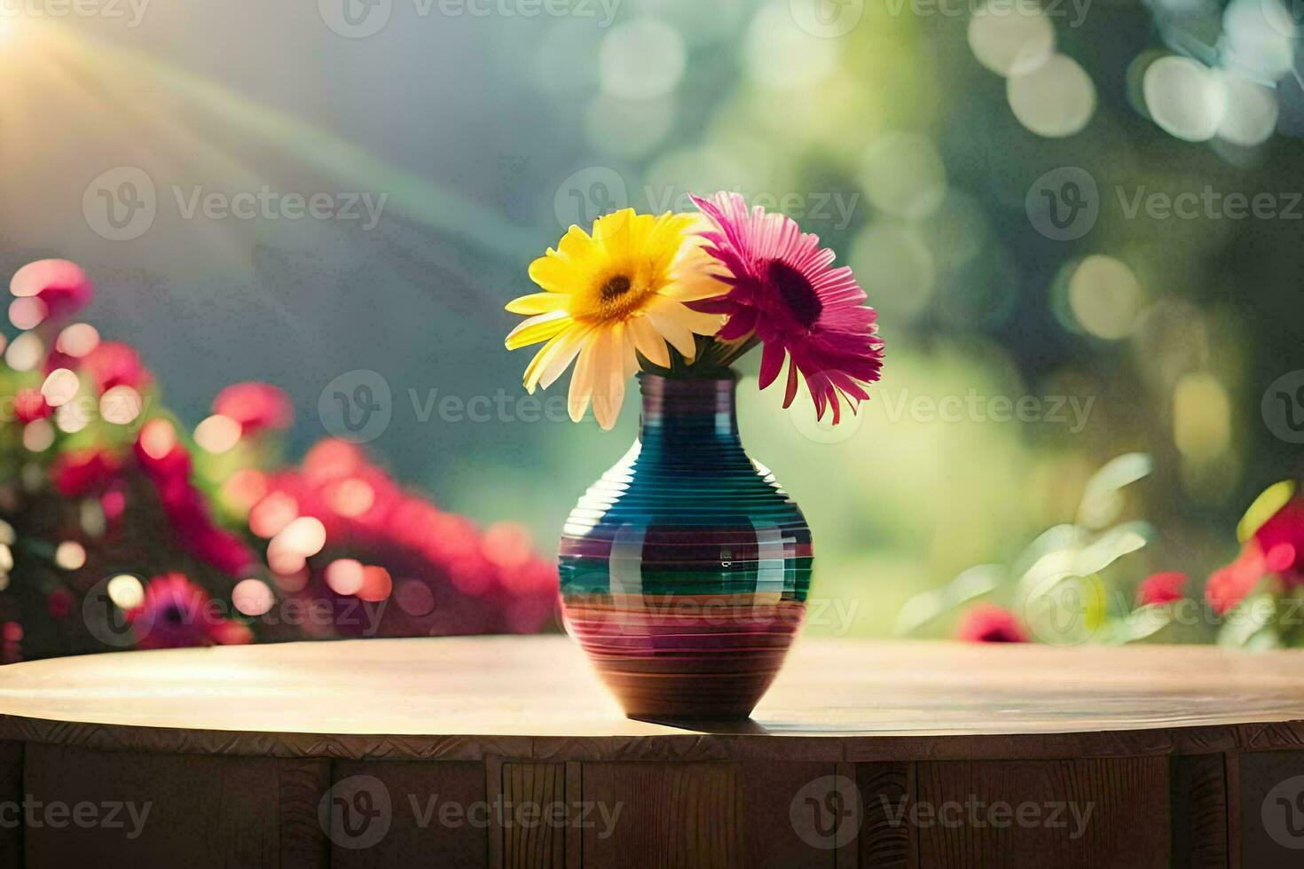 a colorful vase with flowers on a table. AI-Generated photo