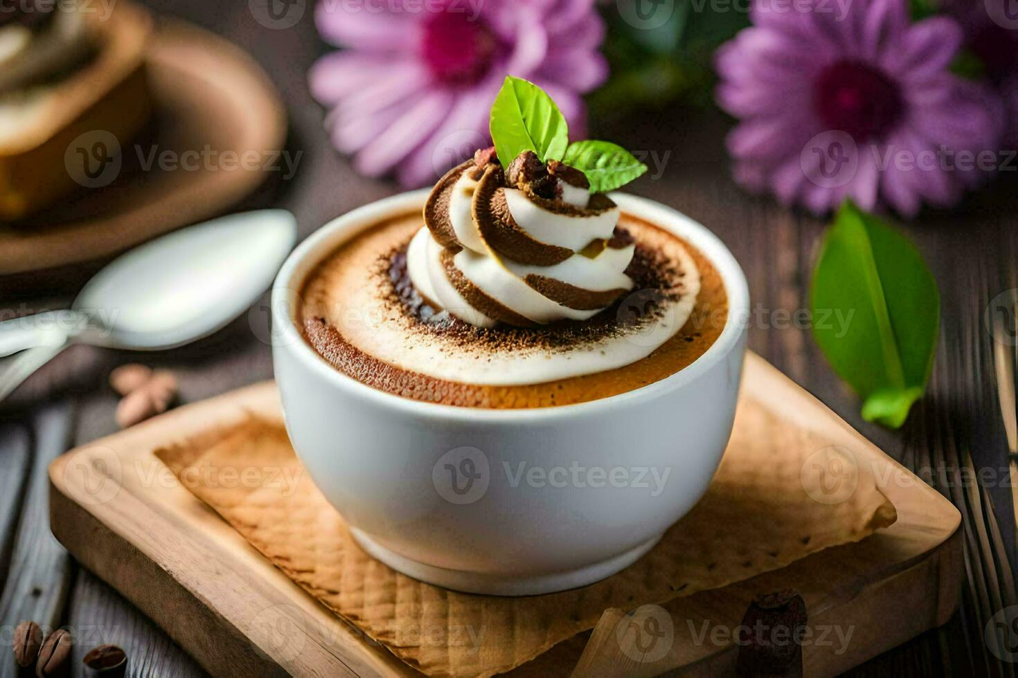 cappuccino with whipped cream and chocolate on a wooden table. AI-Generated photo