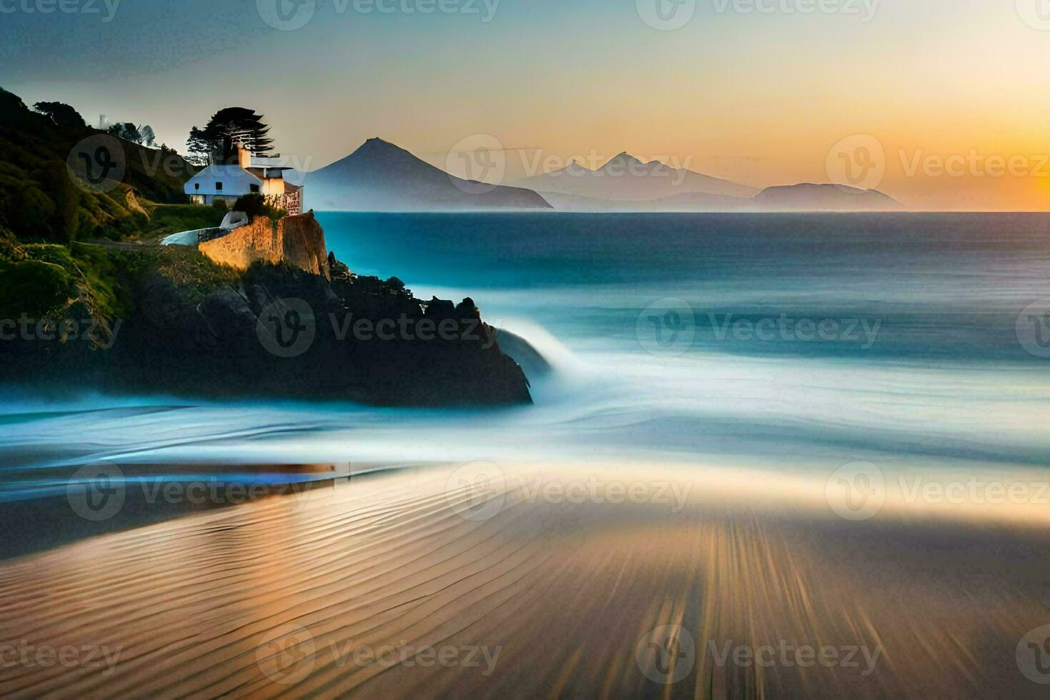 a lighthouse sits on the shore of a beach at sunset. AI-Generated photo