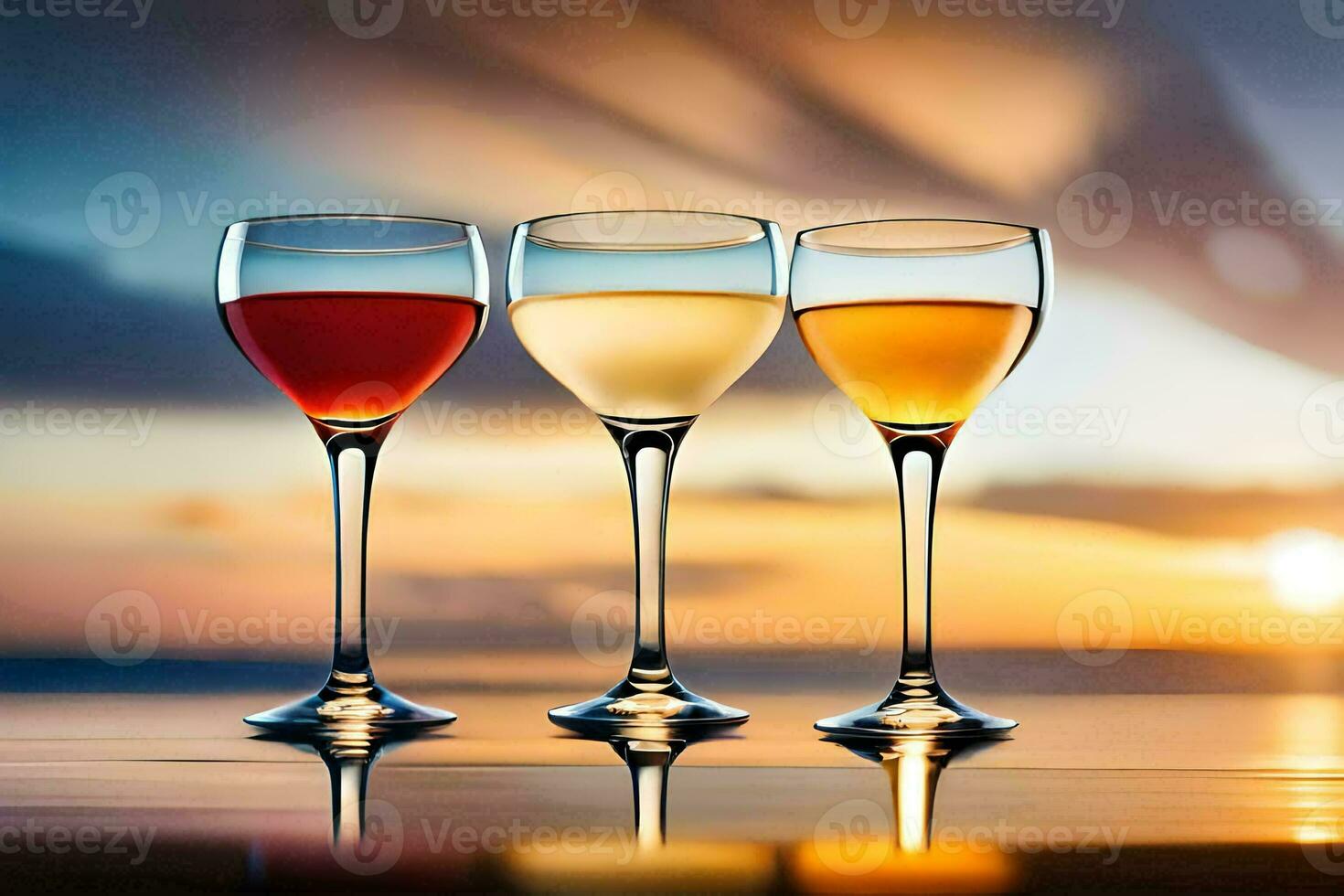 three glasses of wine on a table with a sunset in the background. AI-Generated photo