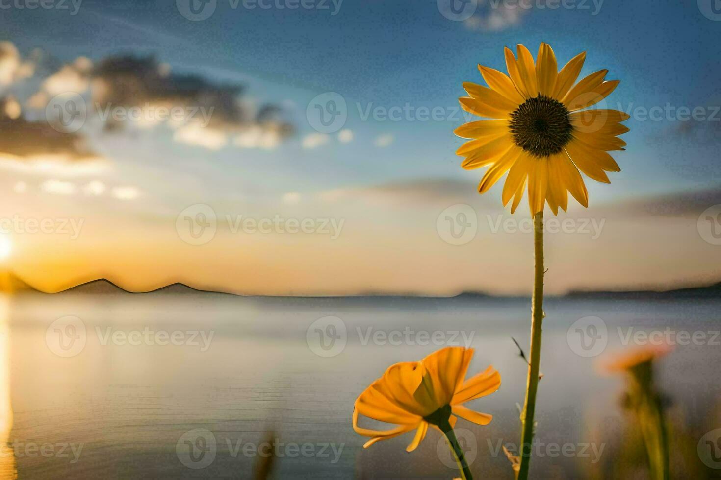sunflower in the water at sunset. AI-Generated photo
