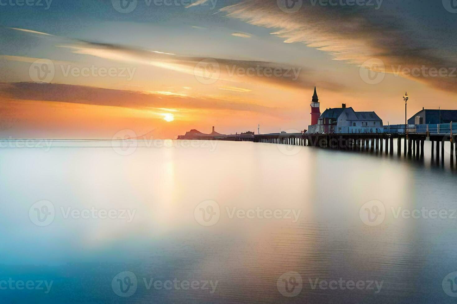 a long exposure photograph of a pier at sunset. AI-Generated photo