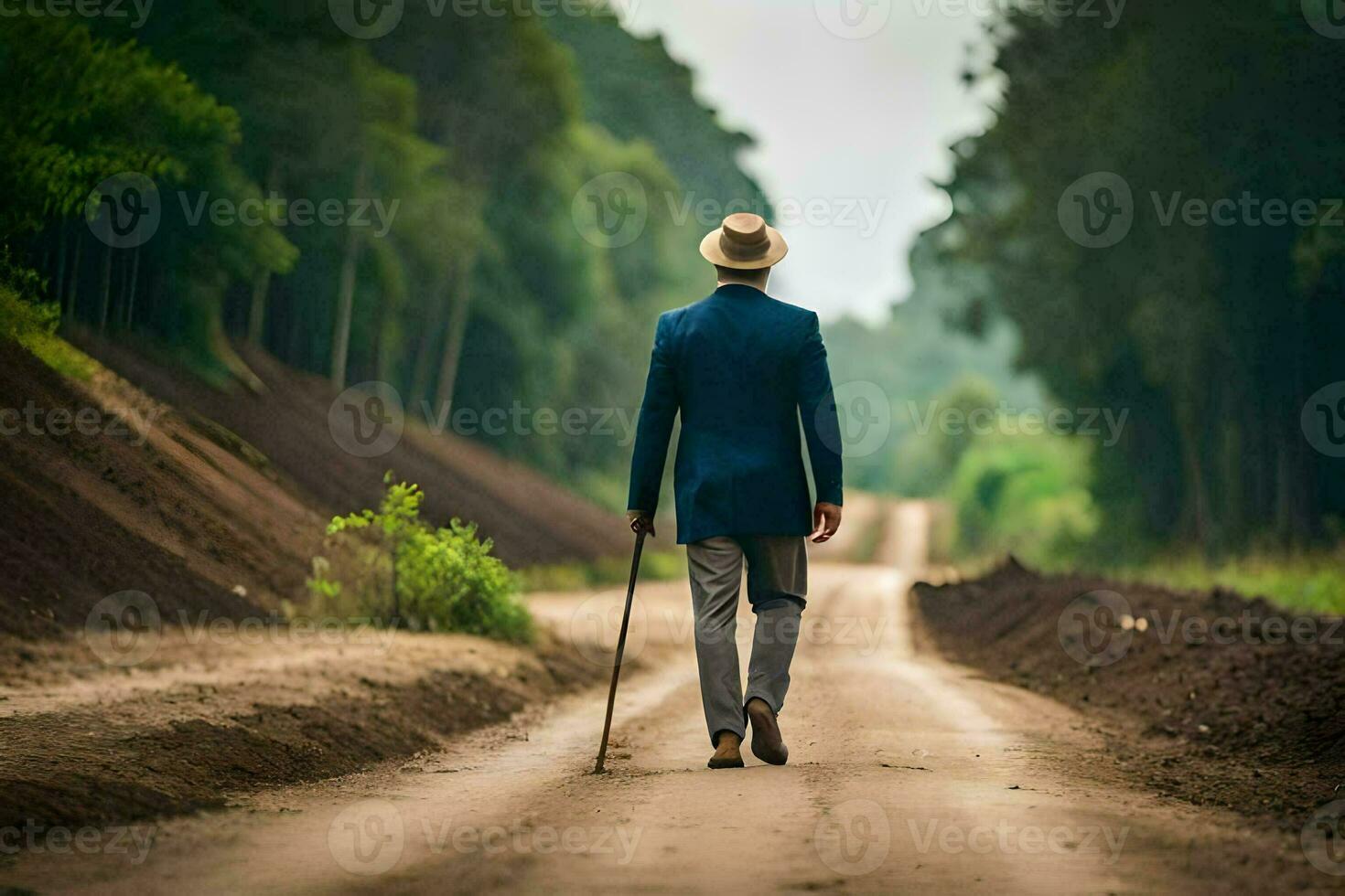 a man in a suit and hat walking down a dirt road. AI-Generated photo