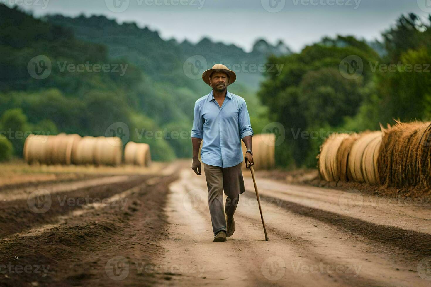 a man walking down a dirt road with hay bales in the background. AI-Generated photo