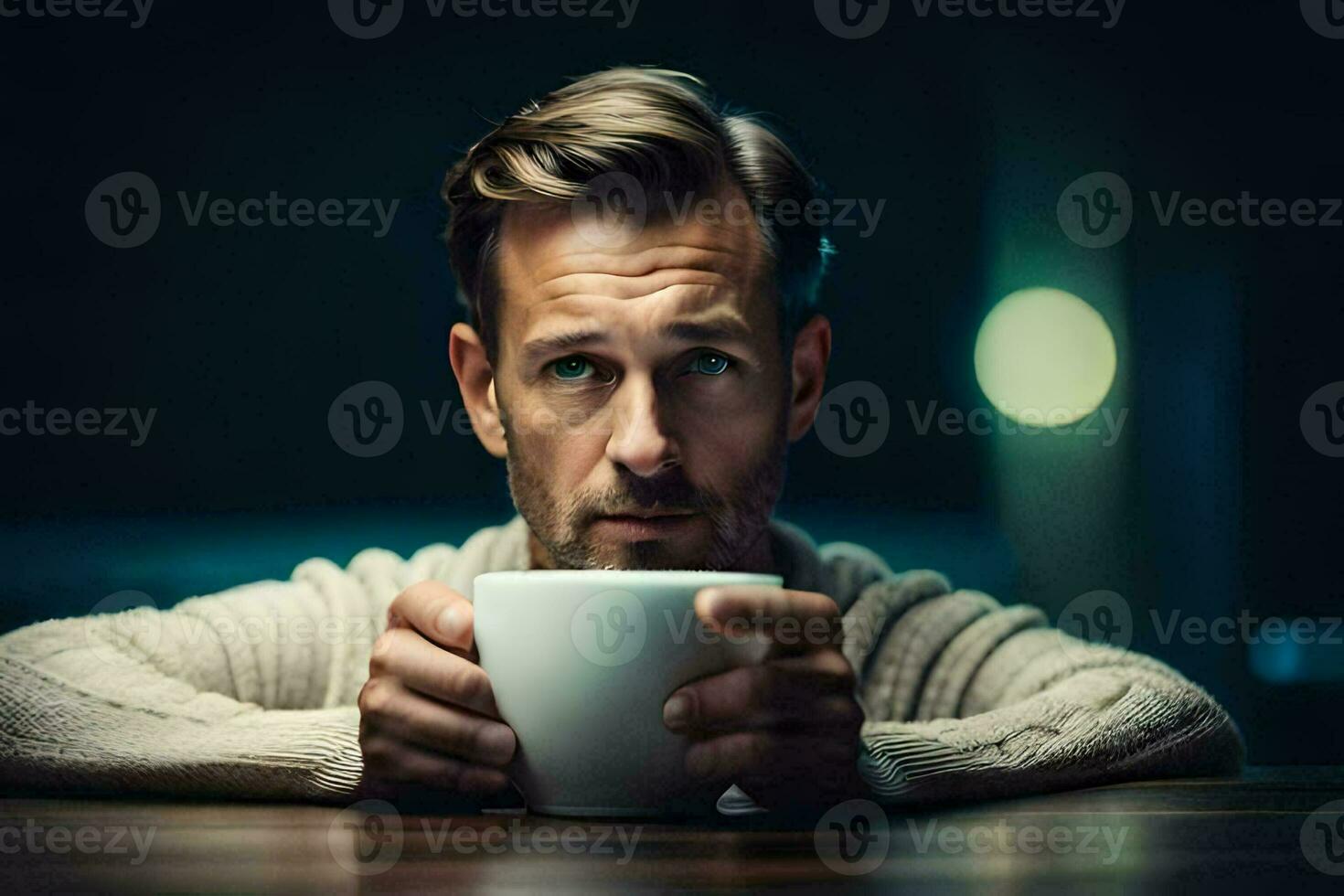 a man is sitting at a table with a cup of coffee. AI-Generated photo