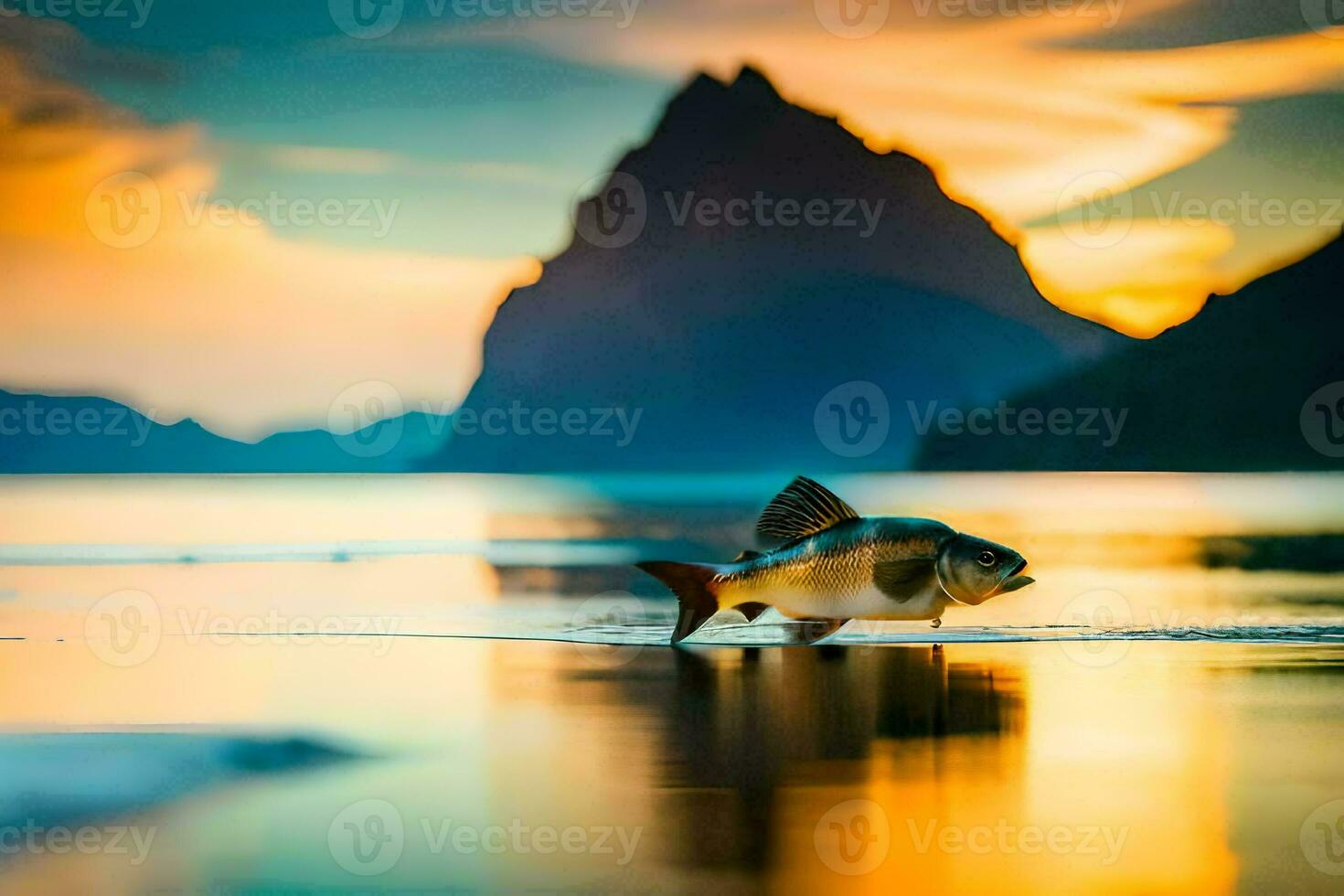 a fish is standing on the beach at sunset. AI-Generated photo