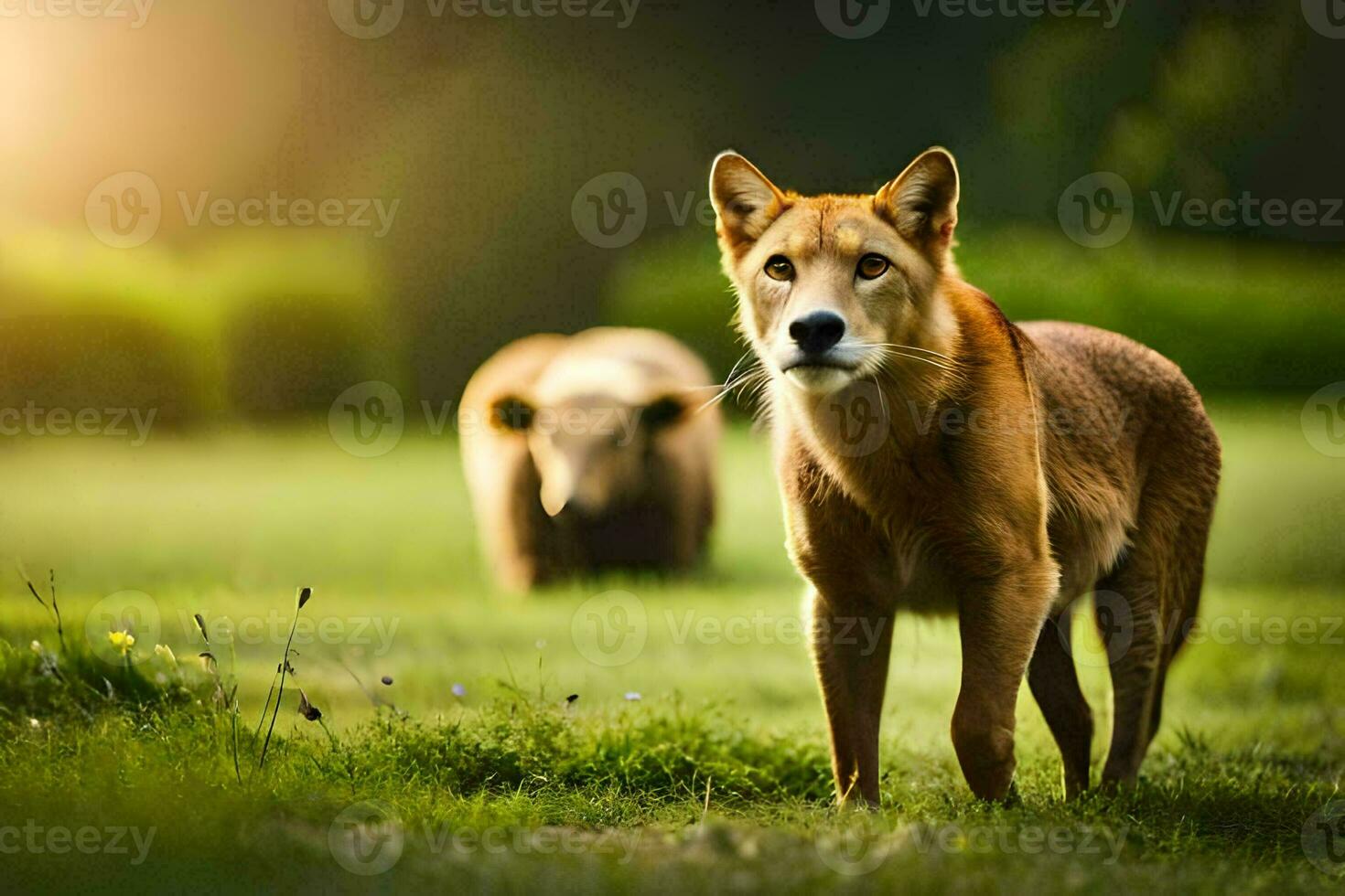 a dog and a bear in the grass. AI-Generated photo
