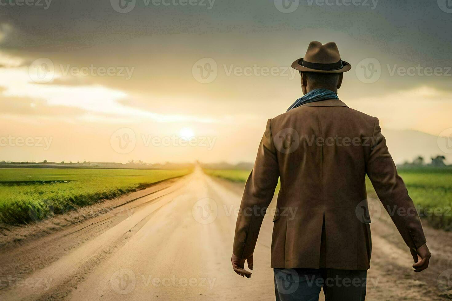 man walking on a dirt road at sunset. AI-Generated photo