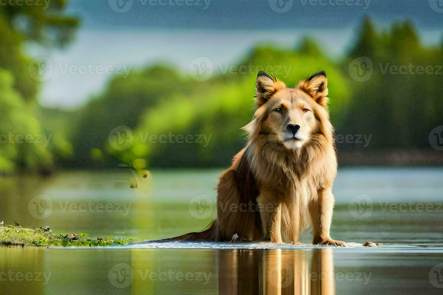 a dog sitting on the edge of a river. AI-Generated photo