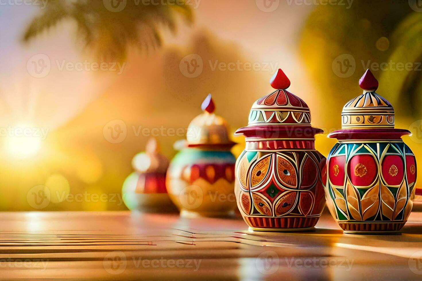 colorful decorative pots on a wooden table. AI-Generated photo