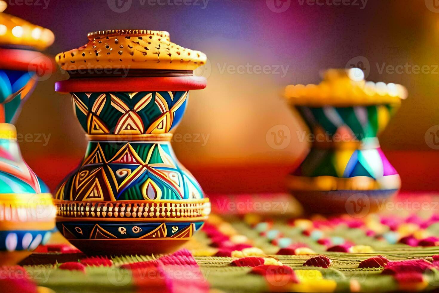 colorful vases on a colorful tablecloth. AI-Generated photo