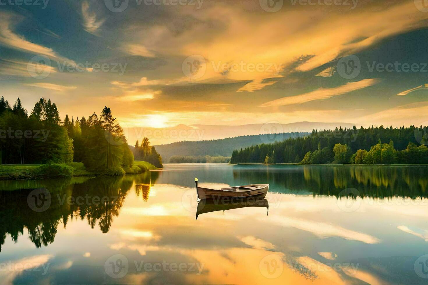the boat on the lake at sunset. AI-Generated photo