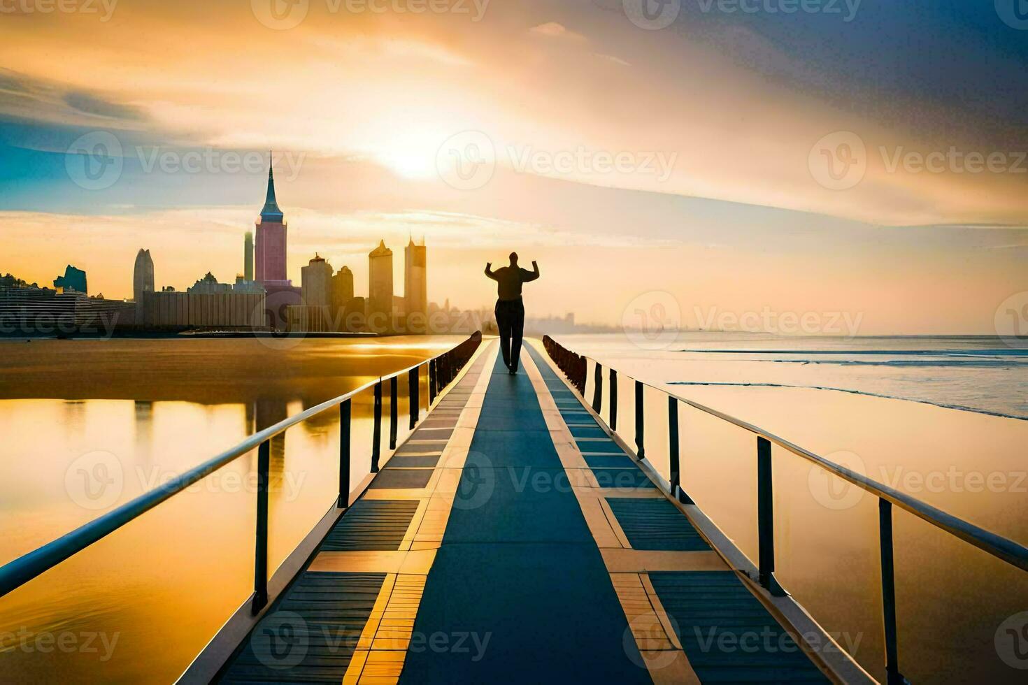 a man standing on a pier with a city in the background. AI-Generated photo
