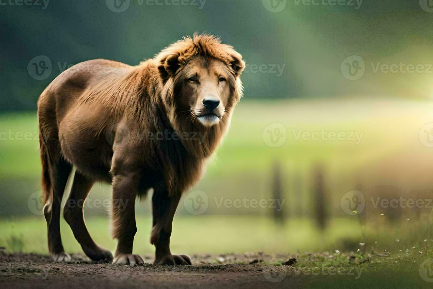 a lion standing in the middle of a field. AI-Generated photo