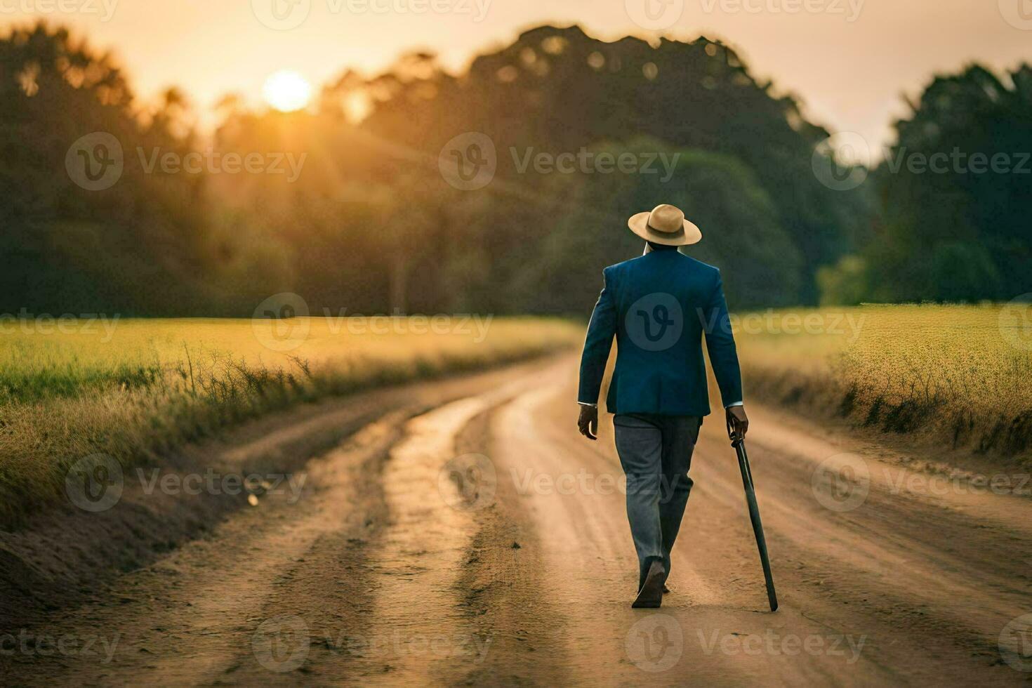 a man in a suit walks down a dirt road. AI-Generated photo