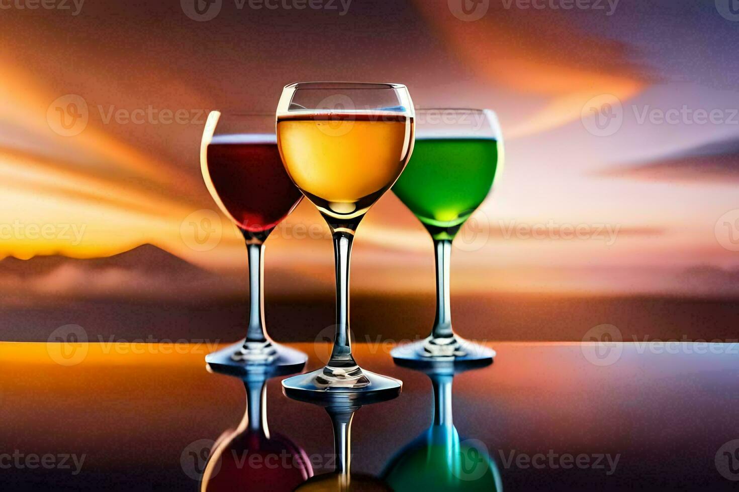 three glasses of wine on a table with a sunset in the background. AI-Generated photo