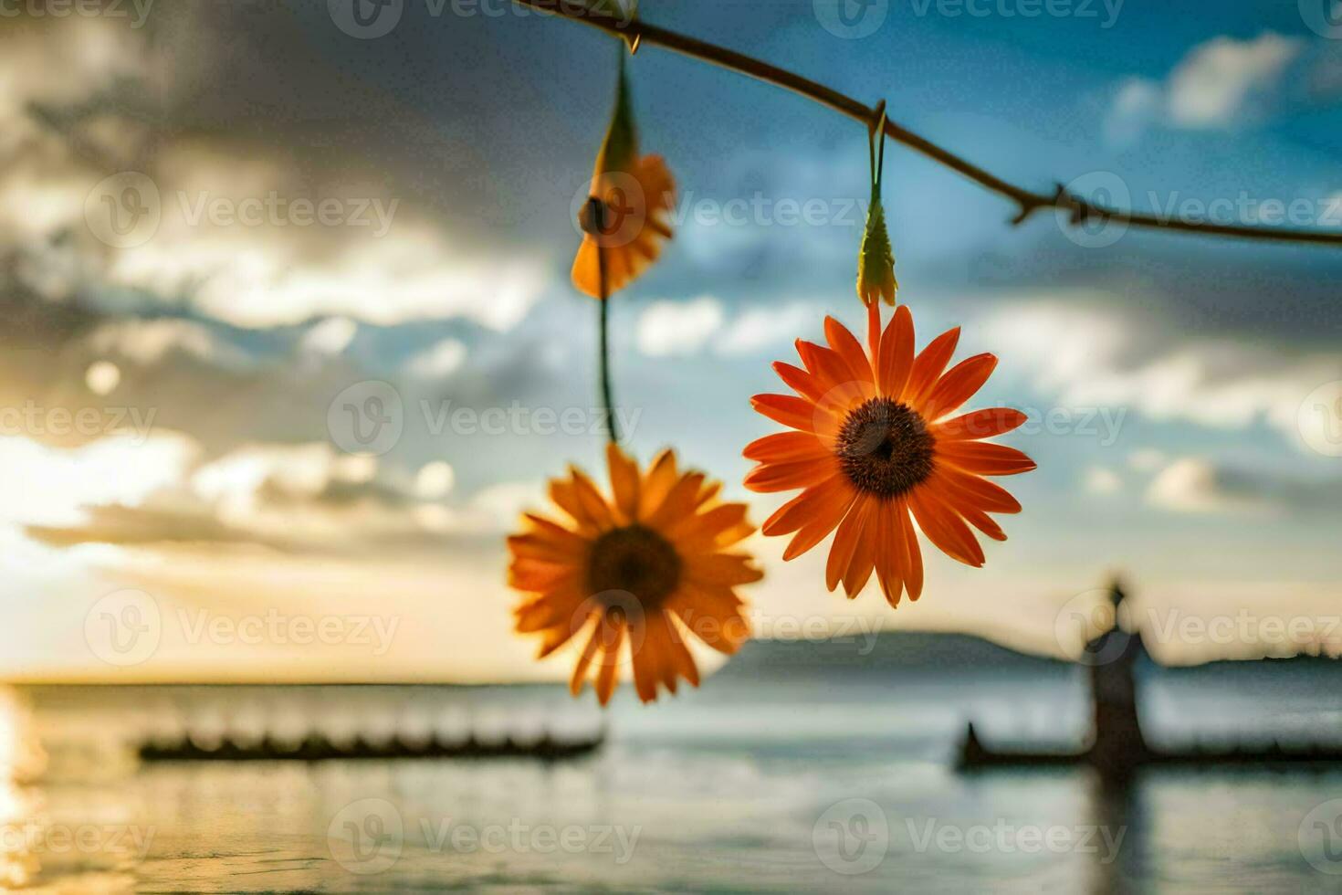 sunflowers hanging from a branch over the water. AI-Generated photo