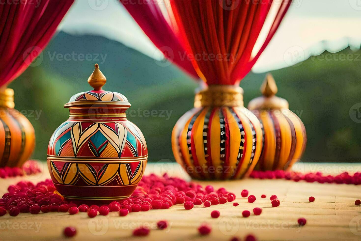 a table with red and gold decorations and a vase. AI-Generated photo