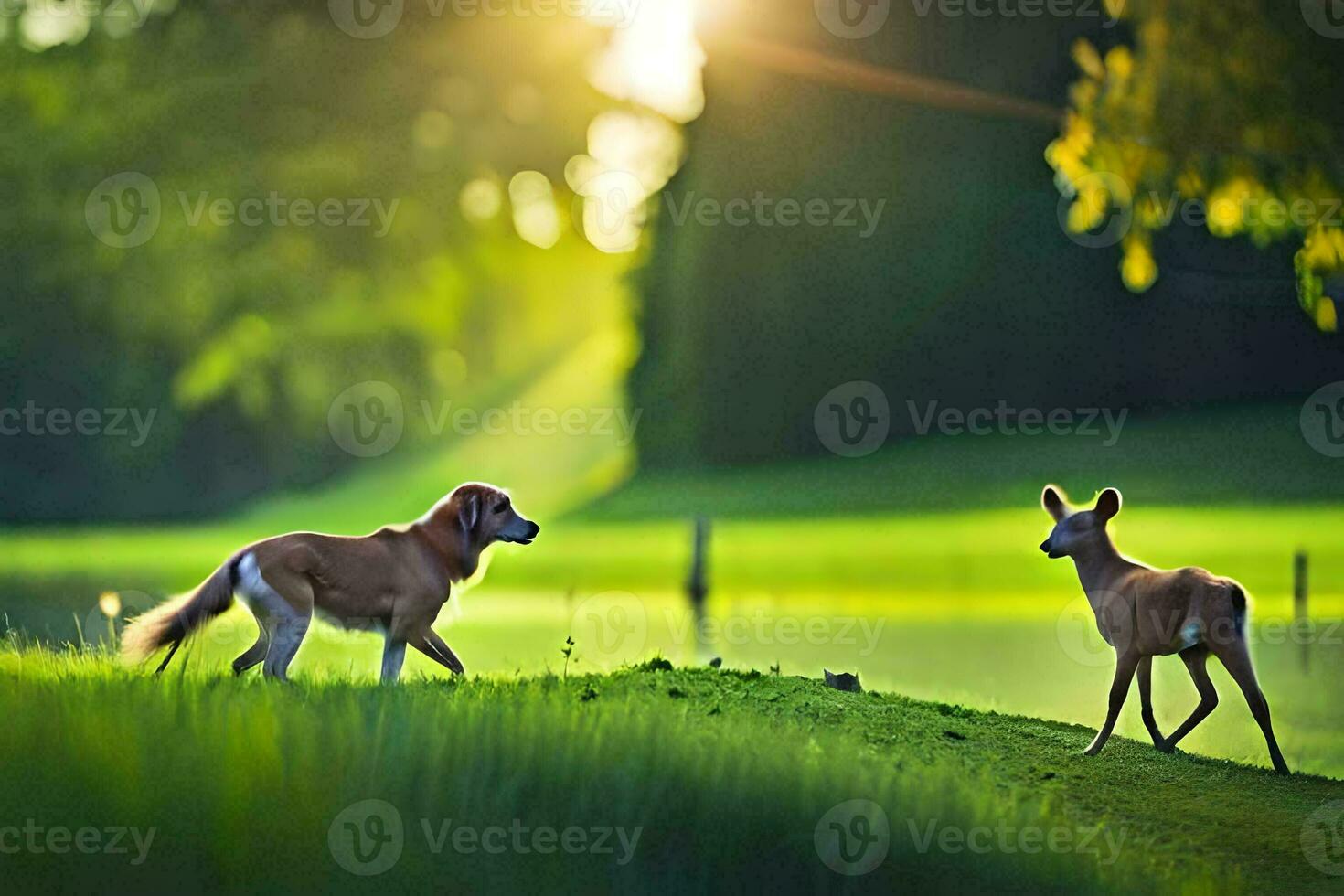 two dogs and a deer are walking in the grass. AI-Generated photo