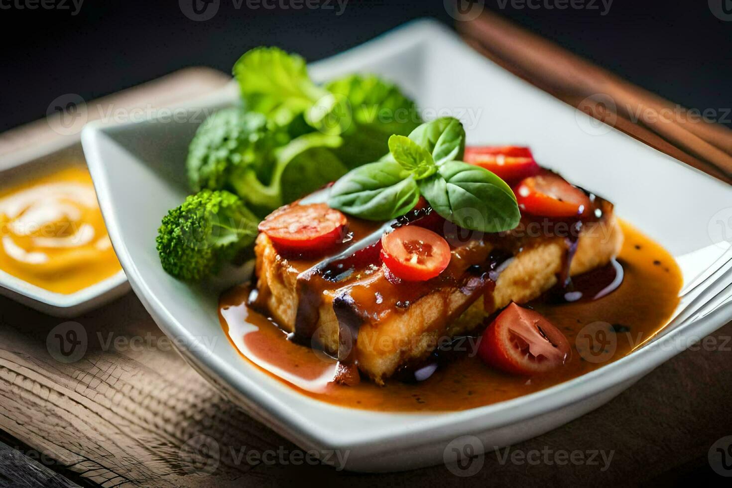 a plate of tofu with sauce and vegetables. AI-Generated photo