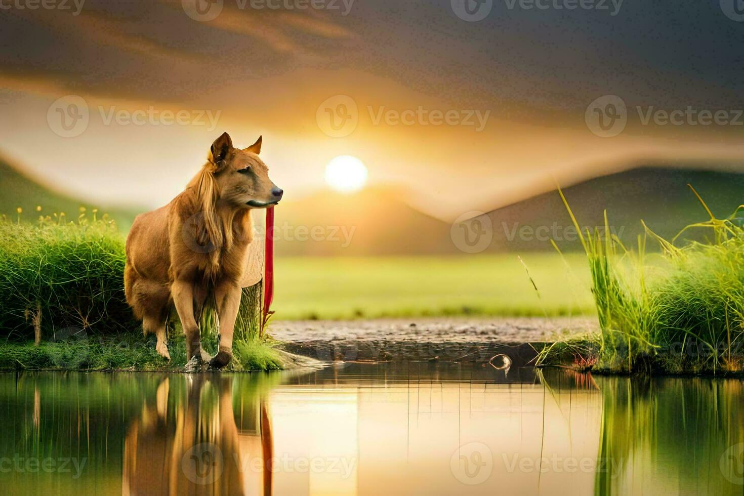 a dog is standing by the water with a red leash. AI-Generated photo