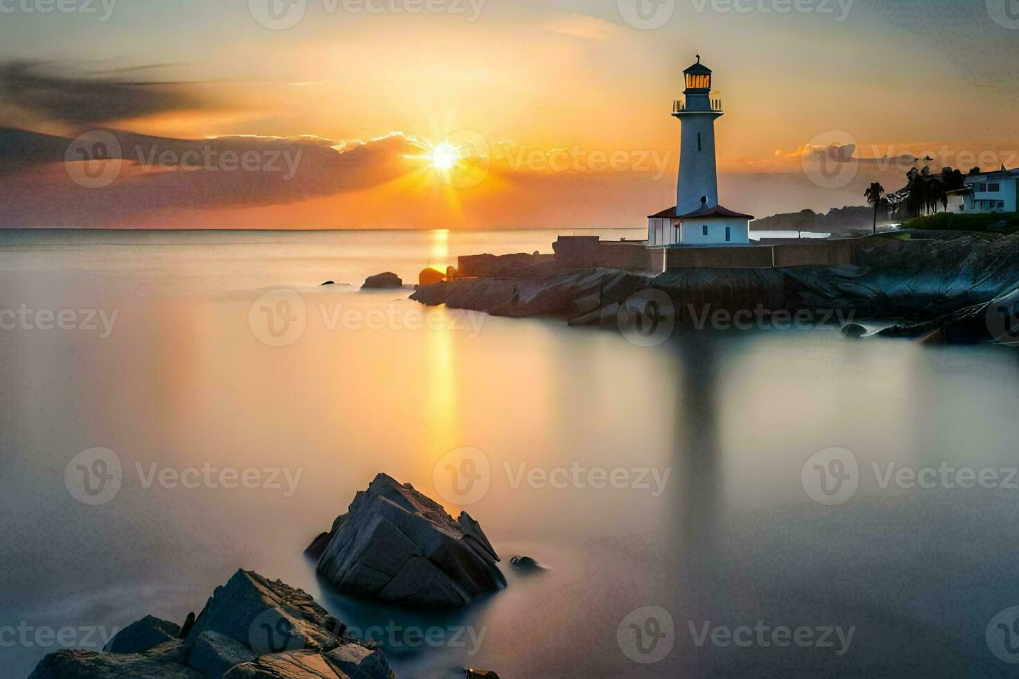 a lighthouse is seen at sunset in the ocean. AI-Generated photo