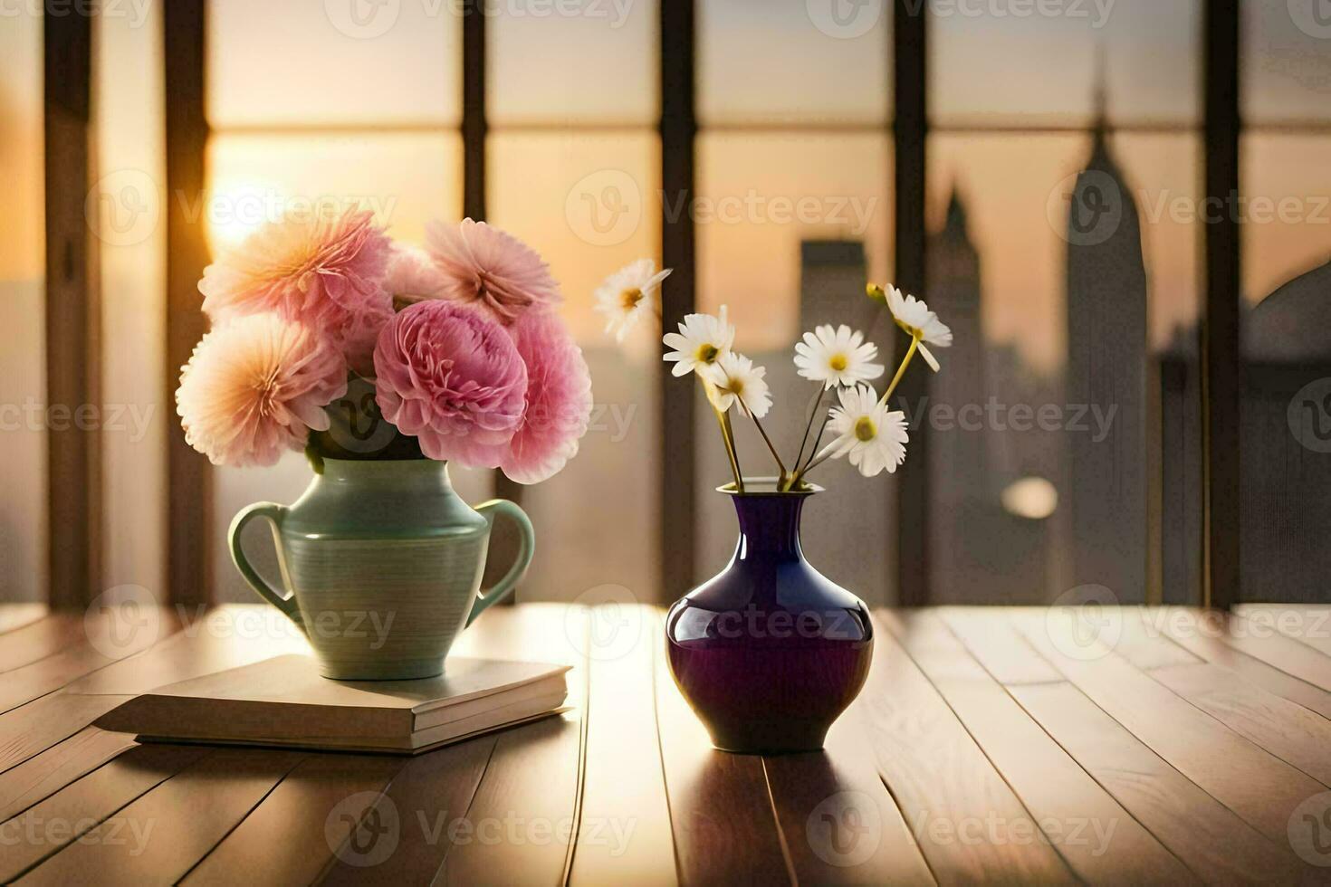 flowers in vase on table with city view. AI-Generated photo