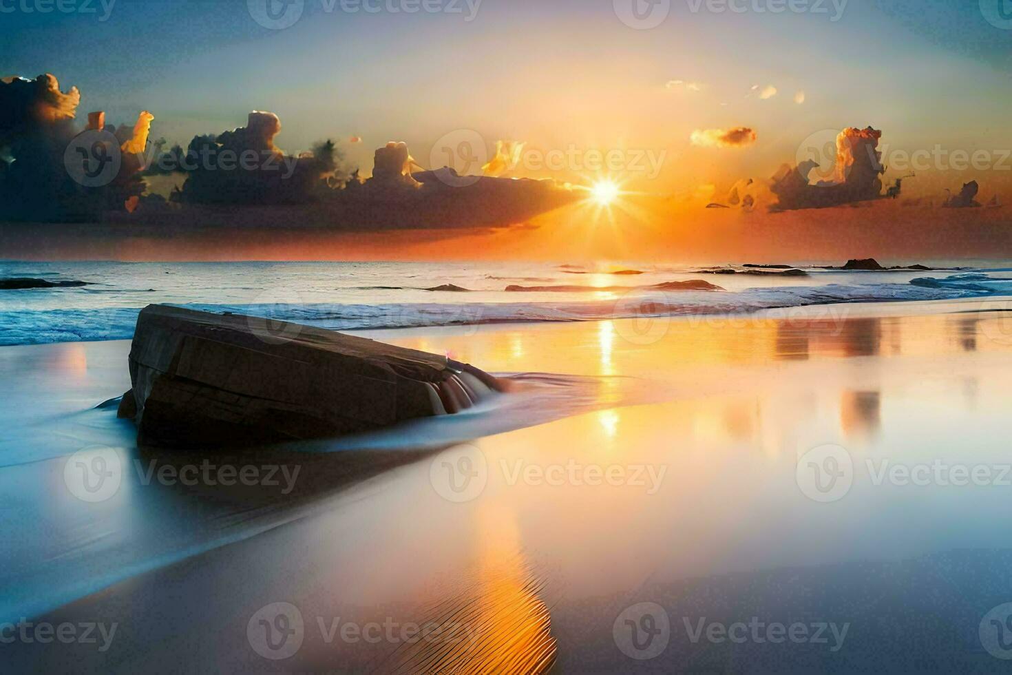 the sun rises over the ocean and rocks on the beach. AI-Generated photo