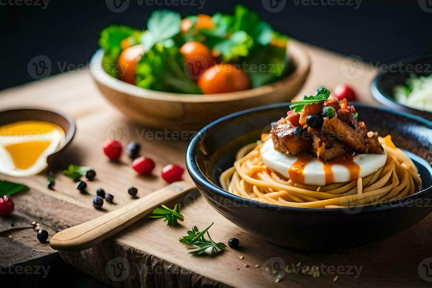 a wooden table with spaghetti, salad and other food. AI-Generated photo