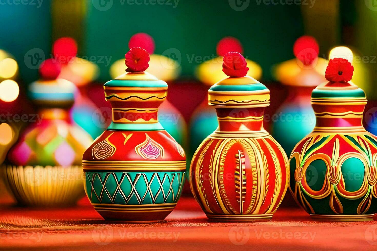 colorful vases with red and green designs on them. AI-Generated photo