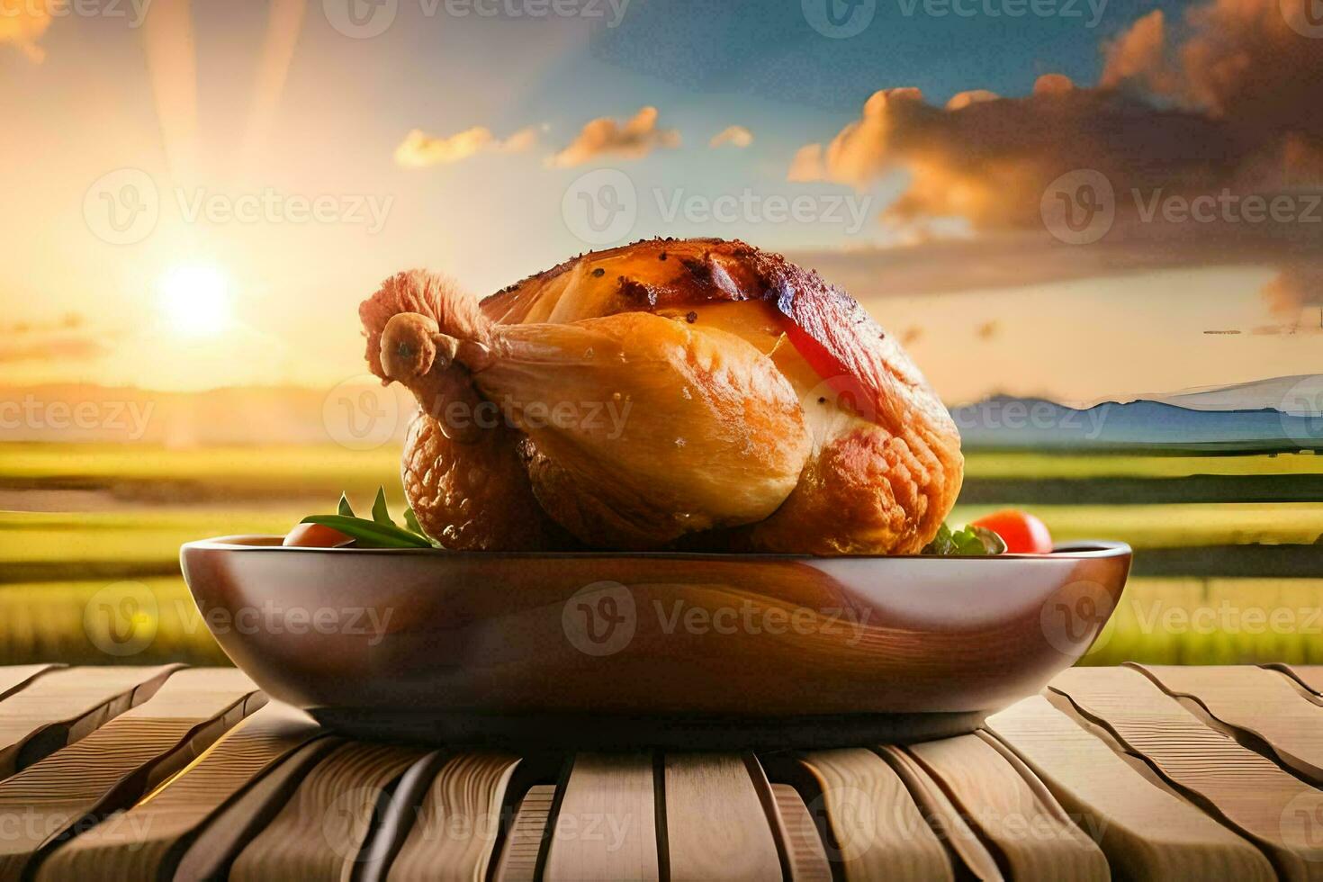 a roasted chicken is served on a wooden plate in front of a sunset. AI-Generated photo