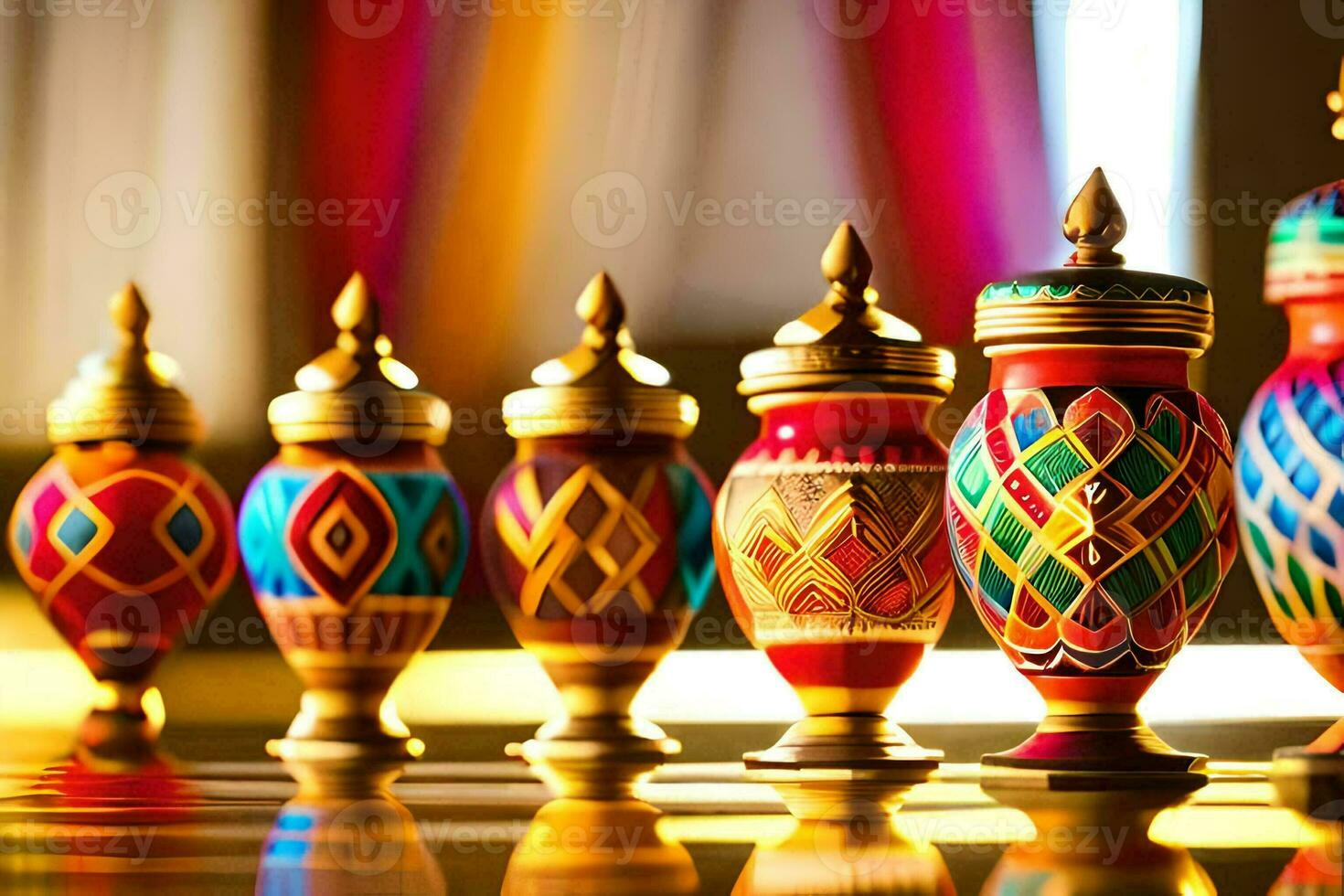 colorful vases lined up on a table. AI-Generated photo