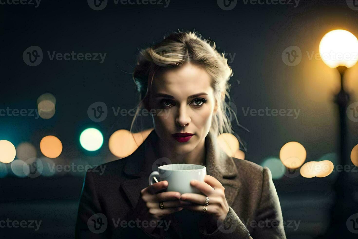 a woman holding a cup of coffee in front of a city at night. AI-Generated photo