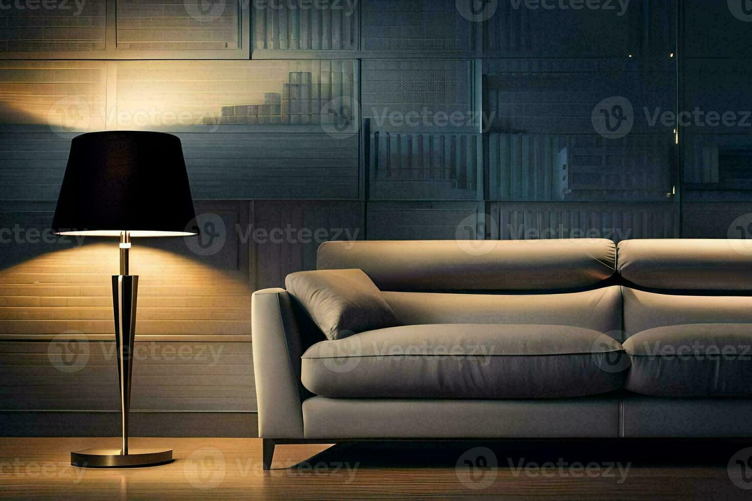 a modern living room with a couch and lamp. AI-Generated photo