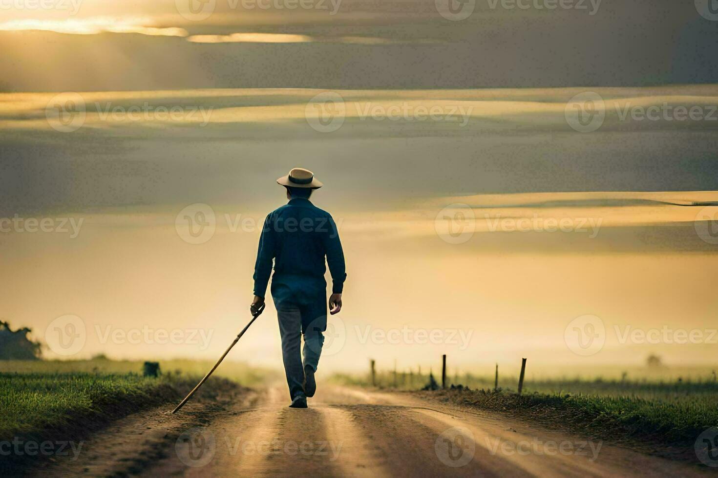 a man walking down a dirt road with a cane. AI-Generated photo