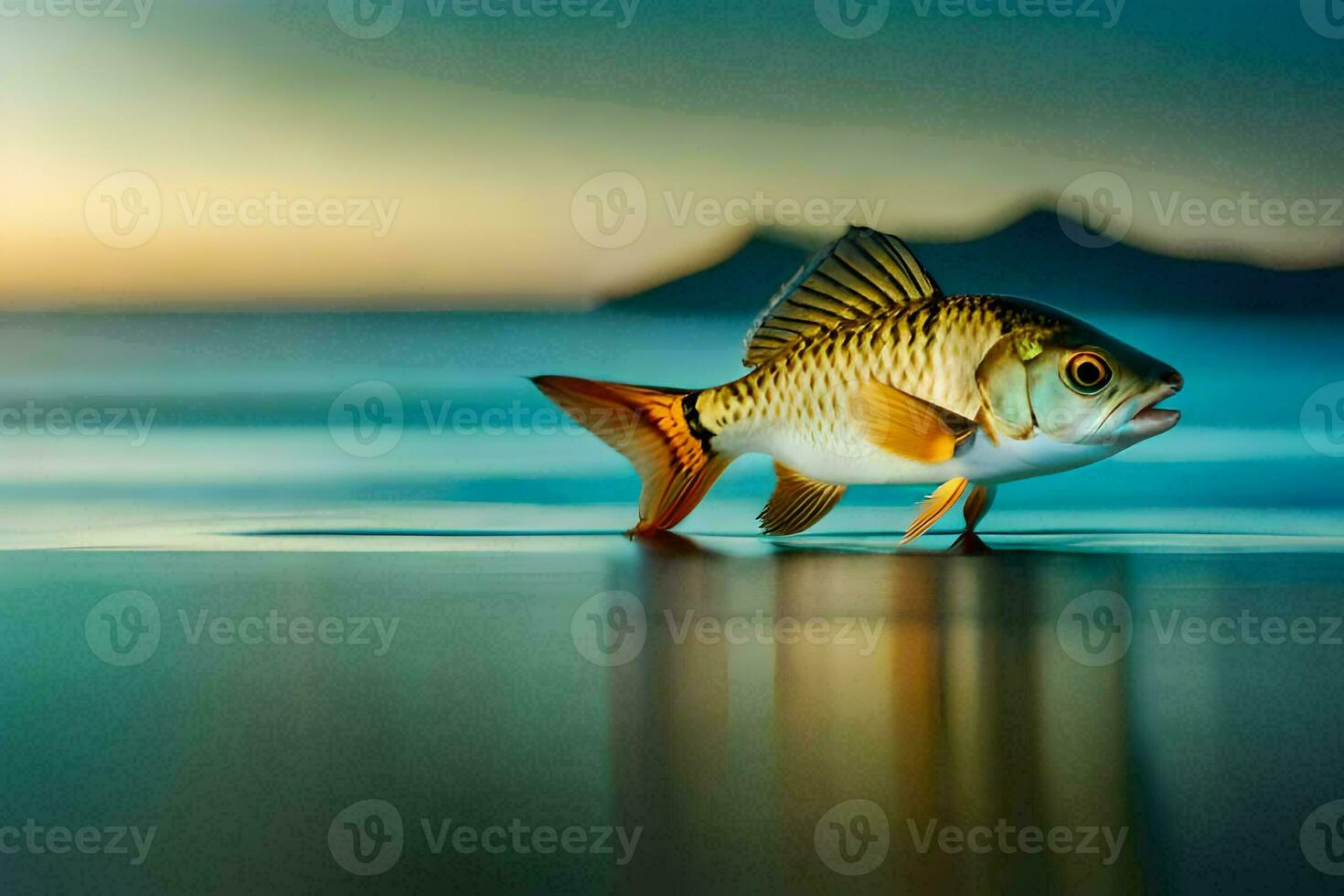 a fish is standing on the beach at sunset. AI-Generated photo