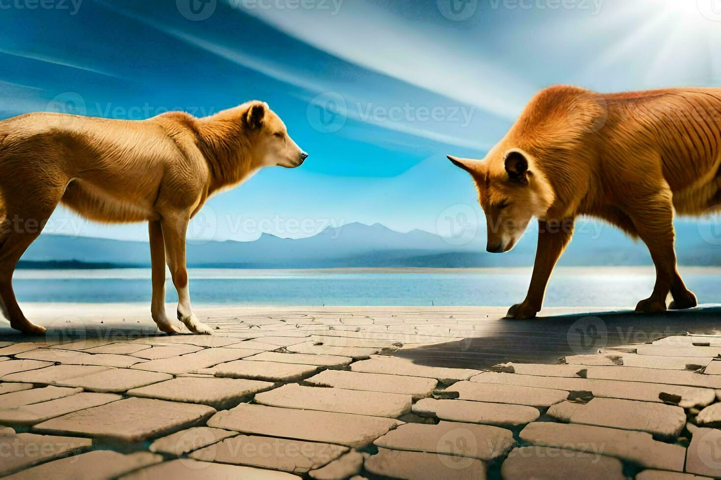 two brown dogs standing on a brick path. AI-Generated photo