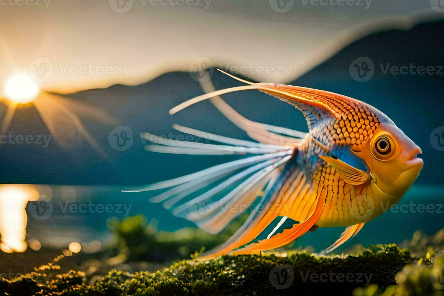 a fish with bright colors is standing on the rocks. AI-Generated photo