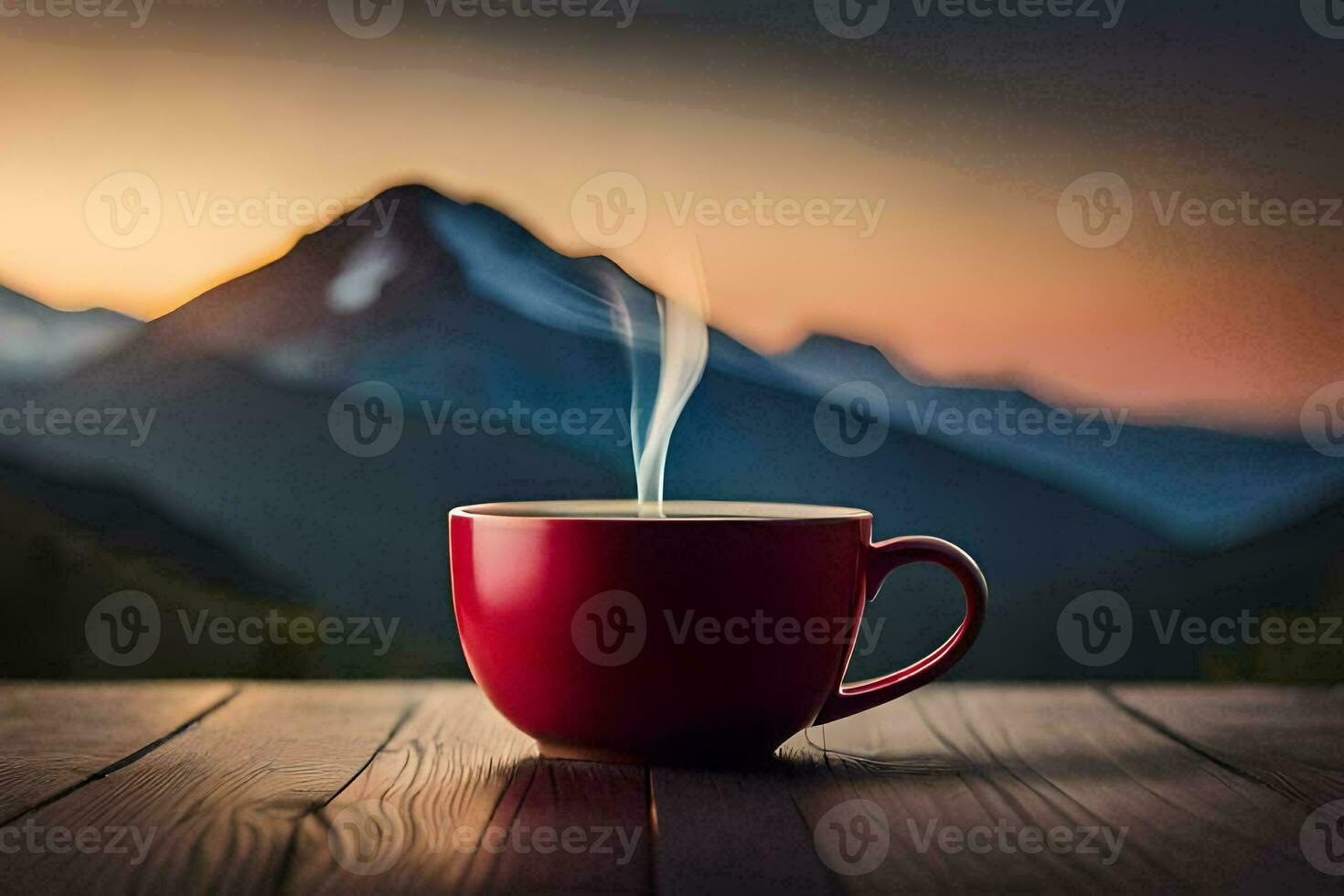 coffee cup on the table with mountains in the background. AI-Generated photo