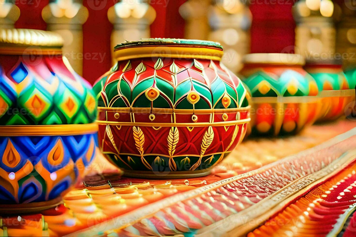 colorful pots on a table with gold and red decorations. AI-Generated photo