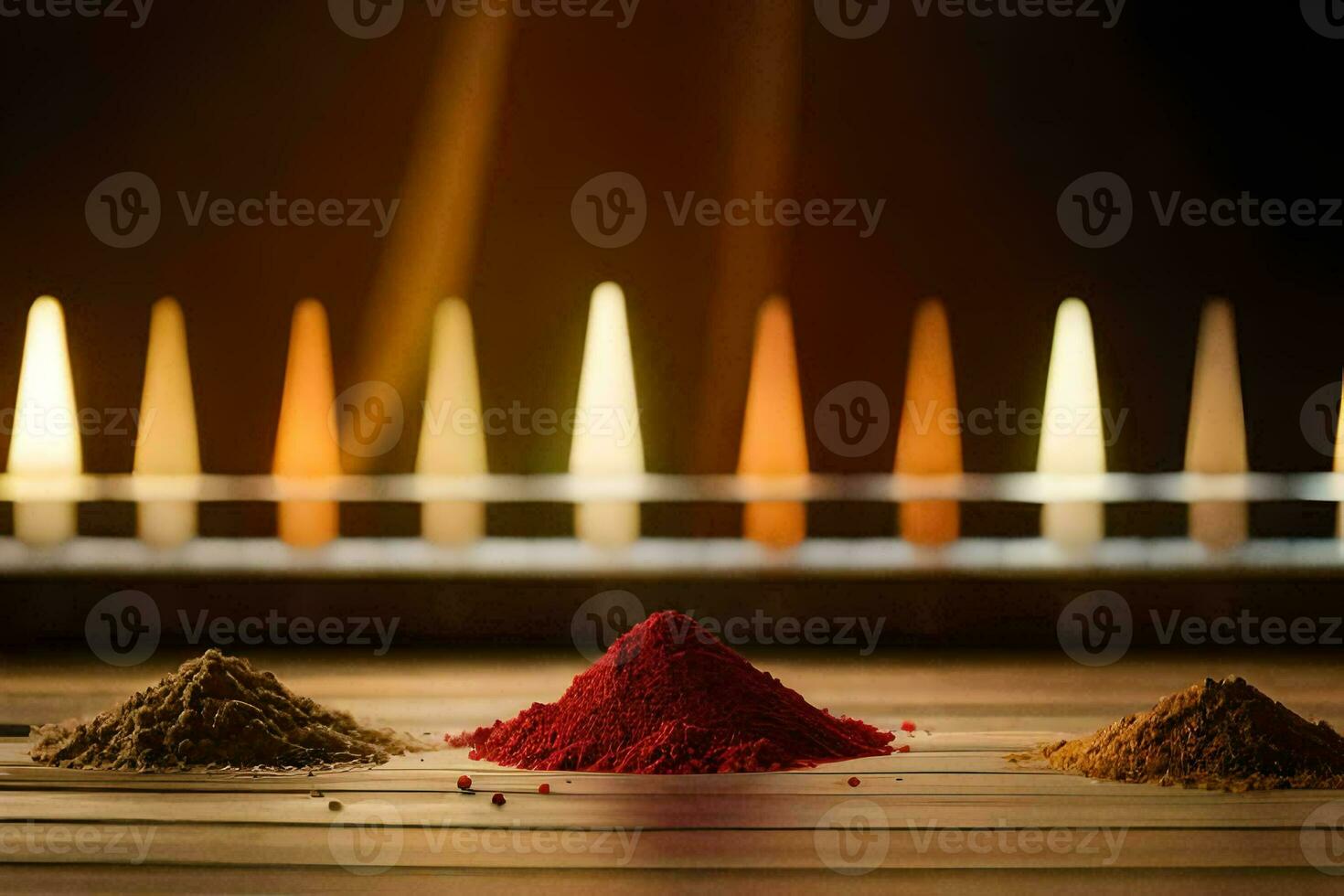 three different colored powders are on a table in front of candles. AI-Generated photo