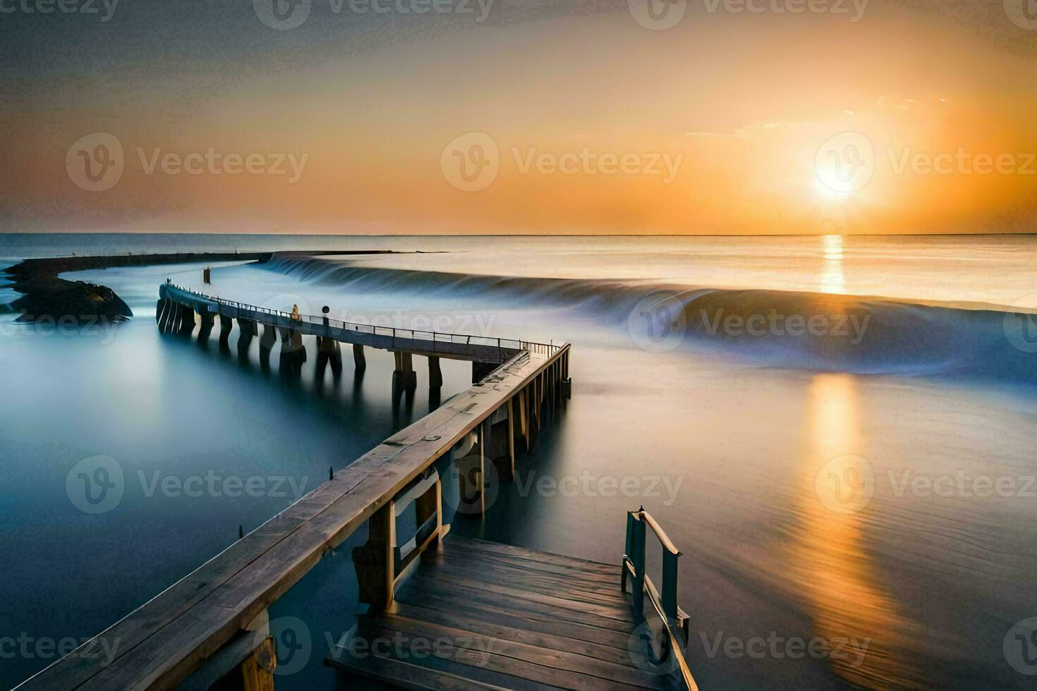a pier with a long exposure of the sun setting over the ocean. AI-Generated photo