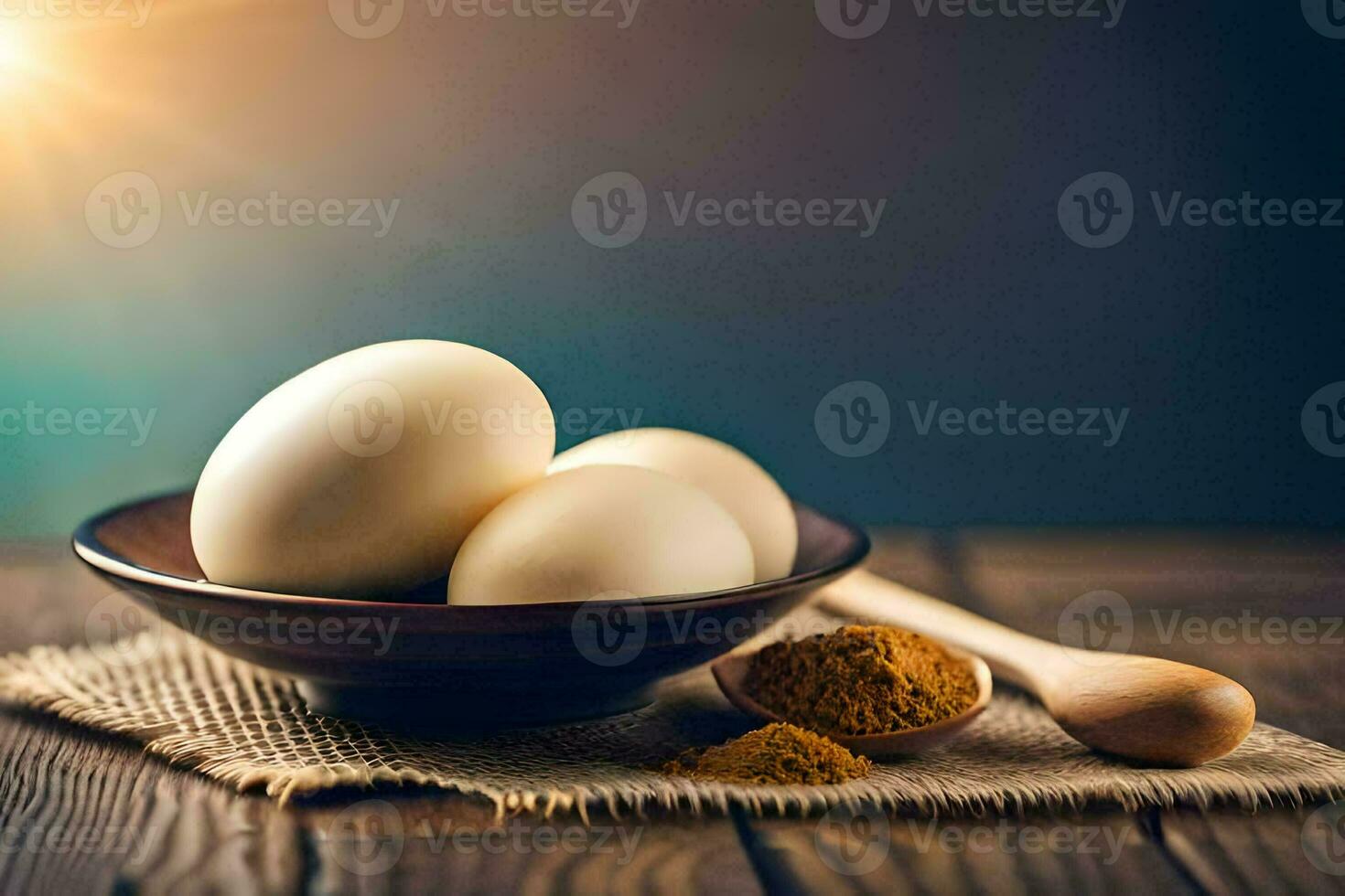 eggs in a bowl with spices on a wooden table. AI-Generated photo
